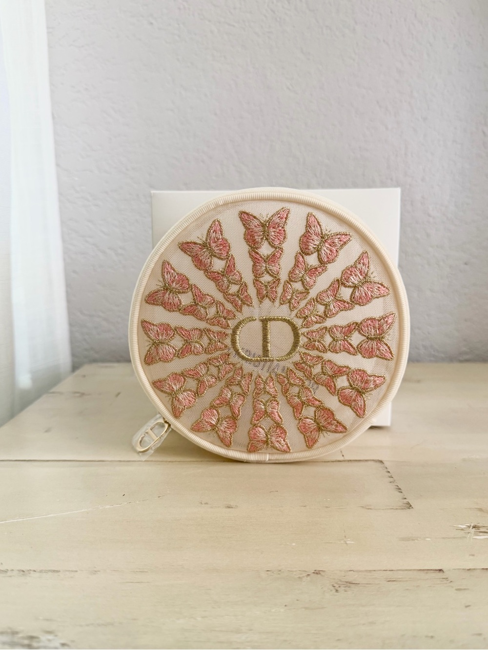Dior Pink and Gold Round Embroidered Jewelry Case